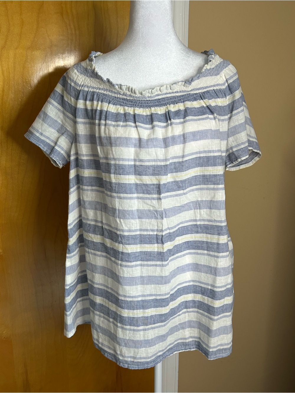 beachlunchlounge Striped Off-Shoulder Tunic in Blue, White and Cream